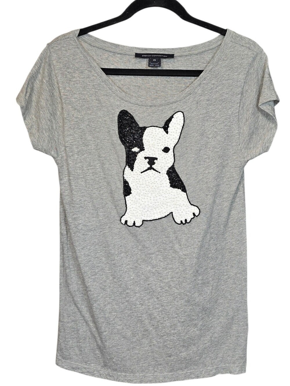 French Connection Sequin Beaded French Bulldog Graphic Cap Sleeve Tee Grey XS
